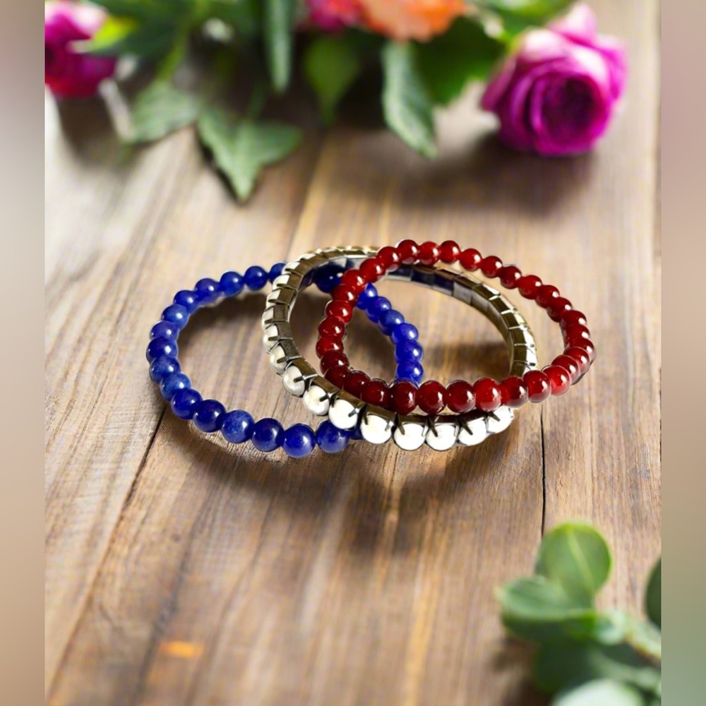 Elegant Red, White (faux Pearls) and Blue Beaded Stretchy Bracelets